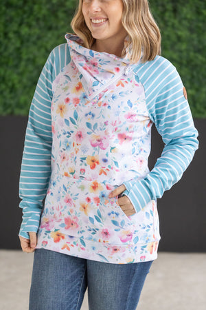 Zoey ZipCowl Sweatshirt - Watercolor Floral and Stripe by Michelle Mae