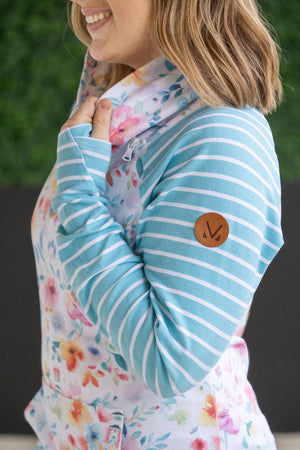 Zoey ZipCowl Sweatshirt - Watercolor Floral and Stripe by Michelle Mae