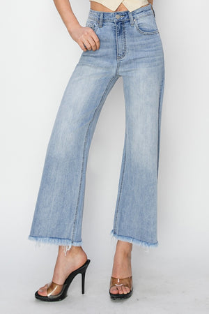 RISEN High Waist Crop Wide Leg Fray Hem Light Wash Jeans