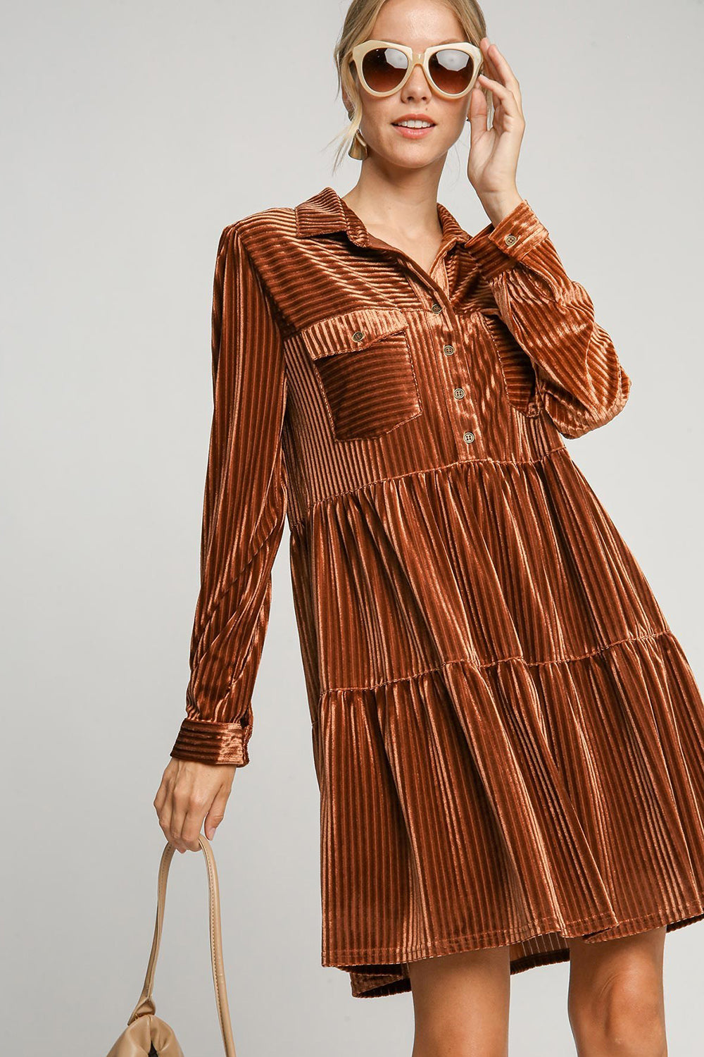 Texture Tiered Collared Long Sleeve Velvet Dress in Copper