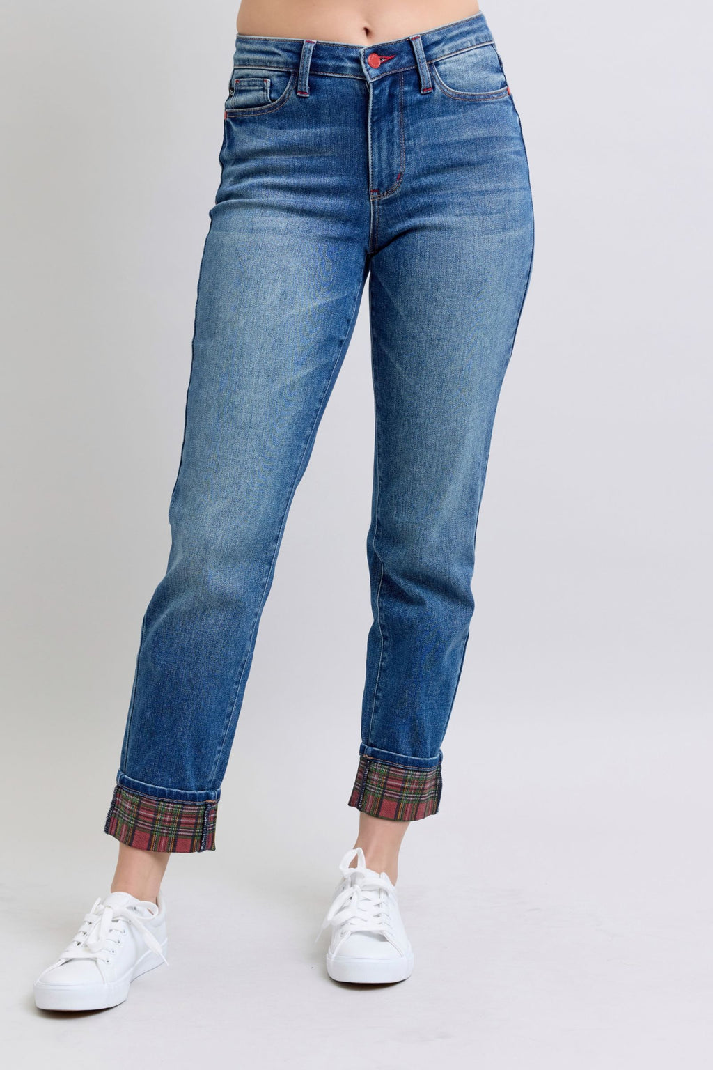 Judy Blue Mid Rise Plaid Print Cuff Boyfriend Jeans