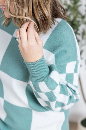 Checkered Pullover Sweater - Dusty Jade by Michelle Mae