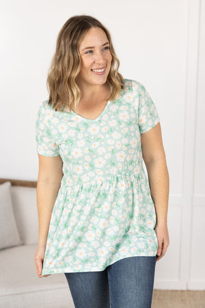 Sarah Babydoll V Neck Ruffle Short Sleeve - Green Floral by Michelle Mae