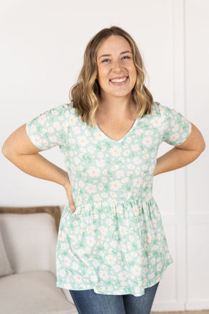 Sarah Babydoll V Neck Ruffle Short Sleeve - Green Floral by Michelle Mae