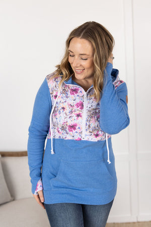 HalfZip Hoodie - Pink and Periwinkle Abstract Floral and Blue by Michelle Mae