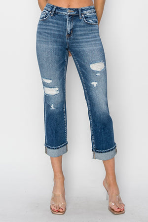 RISEN Mid Rise Cuffed Ankle Distressed Straight Jeans