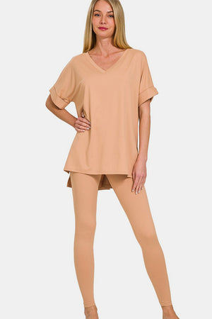 Zenana V-Neck Rolled Short Sleeve T-Shirt and Leggings Lounge Set Dk Brush