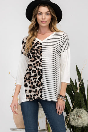 Ivory Leopard and Striped Print V-Neck T-Shirt