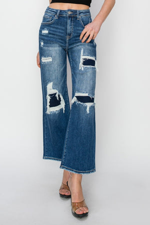 Risen High Rise Patch Detailed Straight Leg Crop Jeans