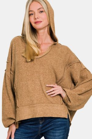 Zenana Brushed Hacci Exposed Seam Hoodie Camel