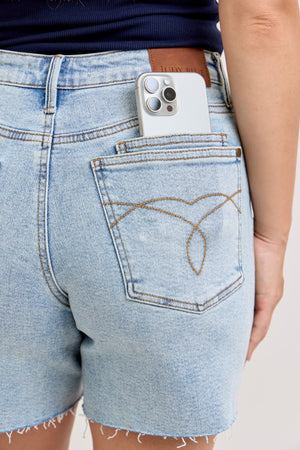 Judy Blue Mid Rise Rigid Magic Cell Phone Pocket Dad Shorts
