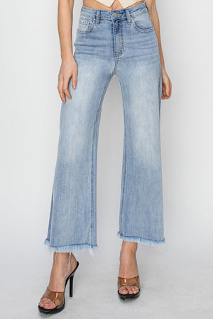 RISEN High Waist Crop Wide Leg Fray Hem Light Wash Jeans