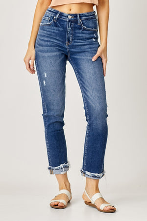 Risen High Rise Frayed Cuffed Straight Jeans