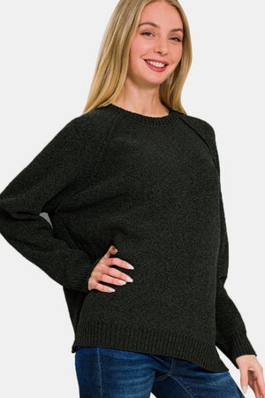 Zenana Side Slit Raglan Sleeve Sweater Black