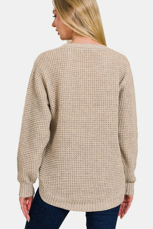 Zenana High Low Long Sleeve Waffle Knit Sweater Beige