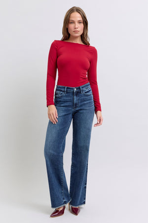 Judy Blue Mid Rise Wide Leg Raw Fray Hem Jeans