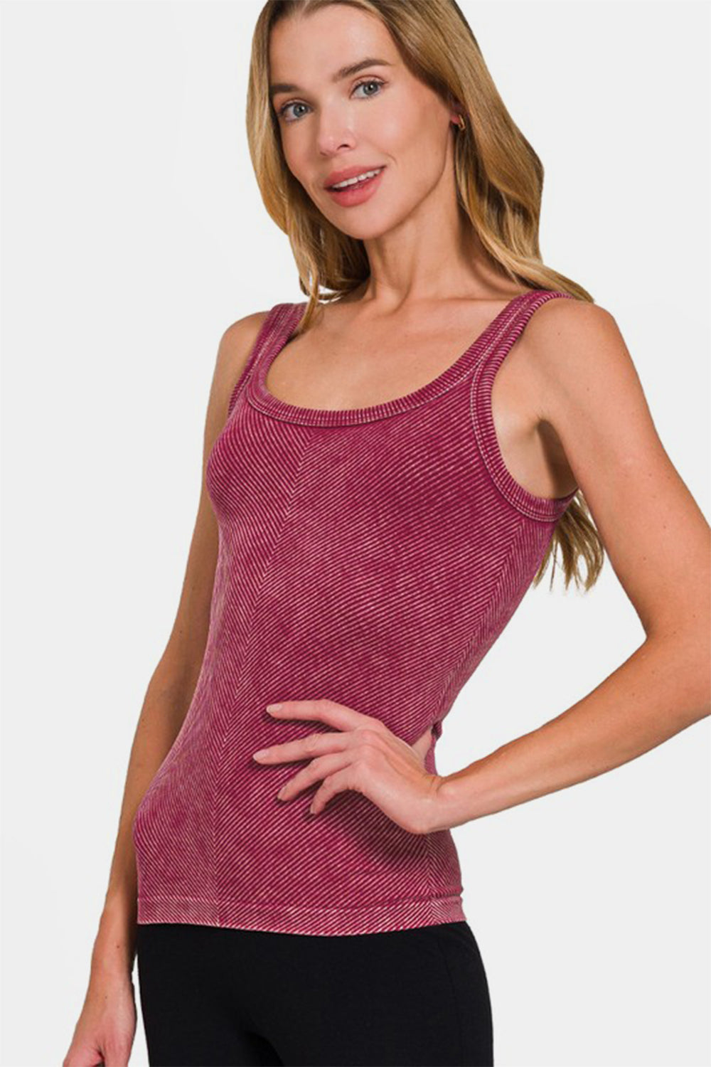 Zenana Ribbed Scoop Neck Mineral Washed Tank Burgundy