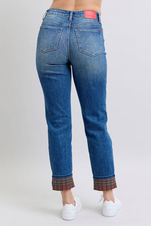 Judy Blue Mid Rise Plaid Print Cuff Boyfriend Jeans