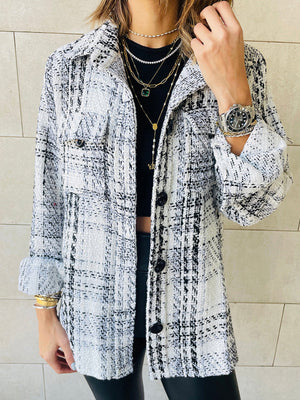 Loose Plaid Button Long Sleeved Jacket - white