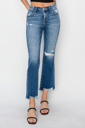 RISEN Mid Rise Frayed Step Hem Ankle Straight Leg Jeans