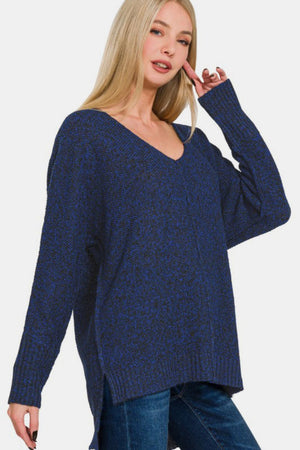 Zenana High-Low Center Seam V-Neck Sweater Navy