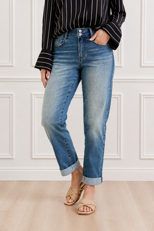 Judy Blue Mid Rise Cool Denim with Cross Back Belt Loop Boyfriend Jeans