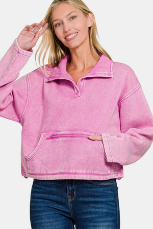 Zenana Acid Wash Fleece Half Snap Sweatshirt with Pocket Mauve