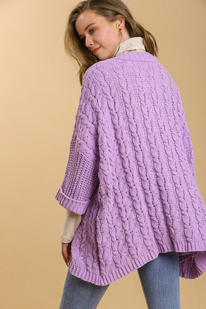 Cable Knit Open Front Long Sleeve Cardigan Lilac