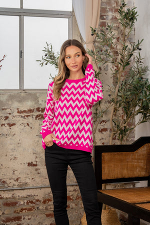 Wave Stripe Contrast Long Sleeve Sweater Fuchsia Ivory