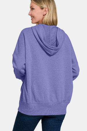 Zenana Half Snap Long Sleeve Hoodie with Kangaroo Pocket Blue Purple