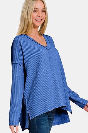 Zenana Texture Exposed Seam V-Neck Long Sleeve T-Shirt Classic Blue