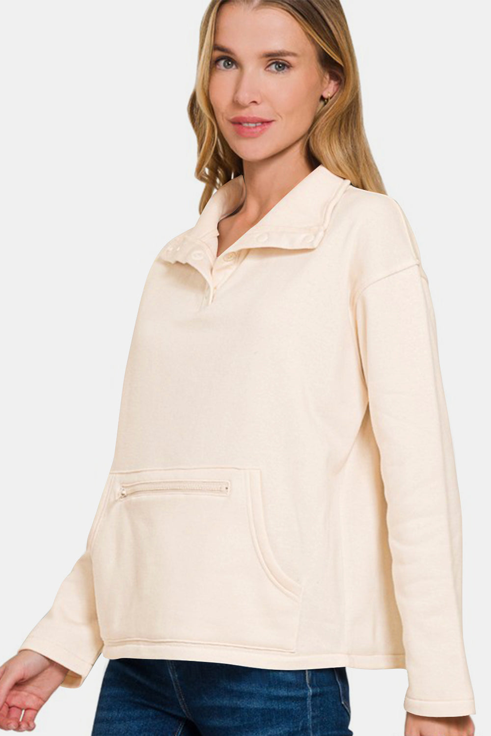 Zenana Turtleneck Half Snap Fleece Sweatshirt Cream