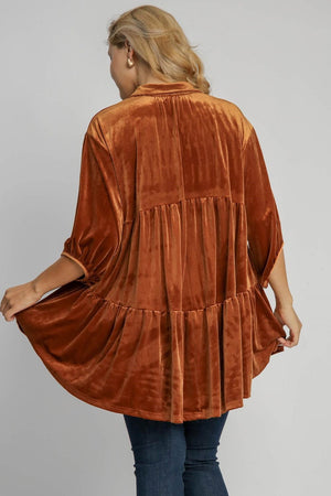 Button Down Tiered Back High Low Velvet Shirt in Terracotta