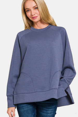 Zenana Scuba Round Neck Side Slit Sweatshirt Blue Indigo