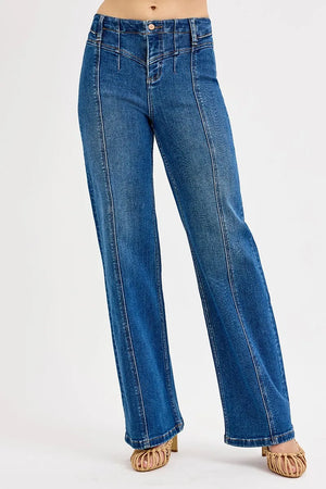 RISEN High Waist Wide Leg Front Yoke Seam Detail Dark Wash Jeans