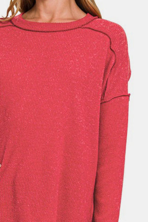 Zenana Exposed Seam Brushed Round Neck Sweater Red