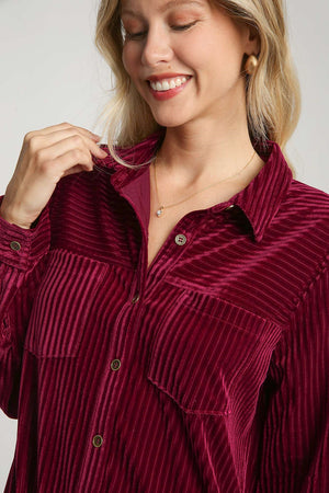 Texture Curved Hem Button Down Velvet Shirt Dress Burgundy