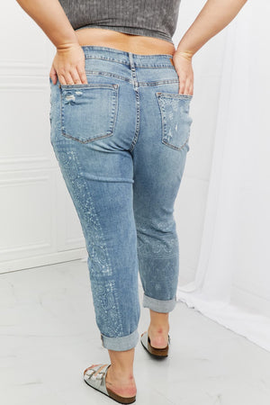 Judy Blue Mid Rise Destroyed Paisley Print Boyfriend Jeans