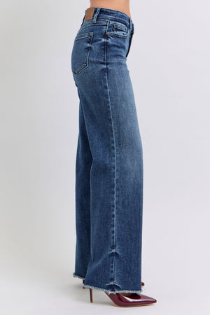 Judy Blue Mid Rise Vintage Wash Wide Leg Fray Hem Jeans