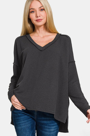 Zenana Texture Exposed Seam V-Neck Long Sleeve T-Shirt Black