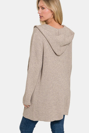 Zenana Hooded Open Front Sweater Cardigan Mocha