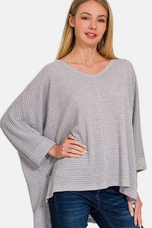 Zenana Waffle Knit V-Neck Long Sleeve Slit Top Grey