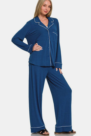 Zenana Button Down Long Sleeve Top and Pants Lounge Set Blue