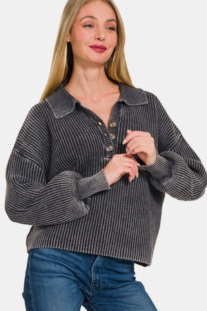 Zenana Washed Half Button Long Sleeve Sweater Black