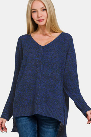 Zenana High-Low Center Seam V-Neck Sweater Navy