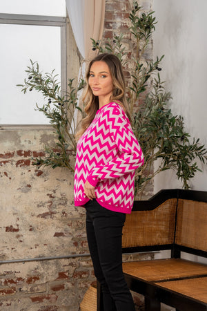 Wave Stripe Contrast Long Sleeve Sweater Fuchsia Ivory