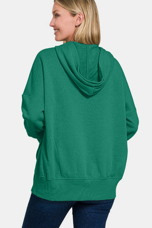 Zenana Half Snap Long Sleeve Hoodie with Kangaroo Pocket Dark Green