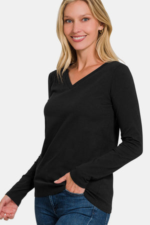 Zenana Relaxed Fit V-Neck Long Sleeve Cotton T-Shirt Black