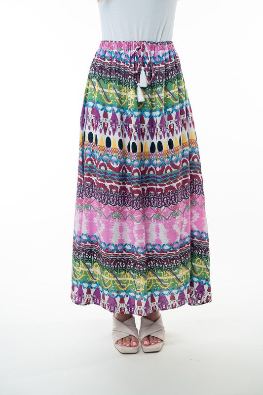Printed Elastic Waist Band Long Skirt with Tassels in Pink Combo