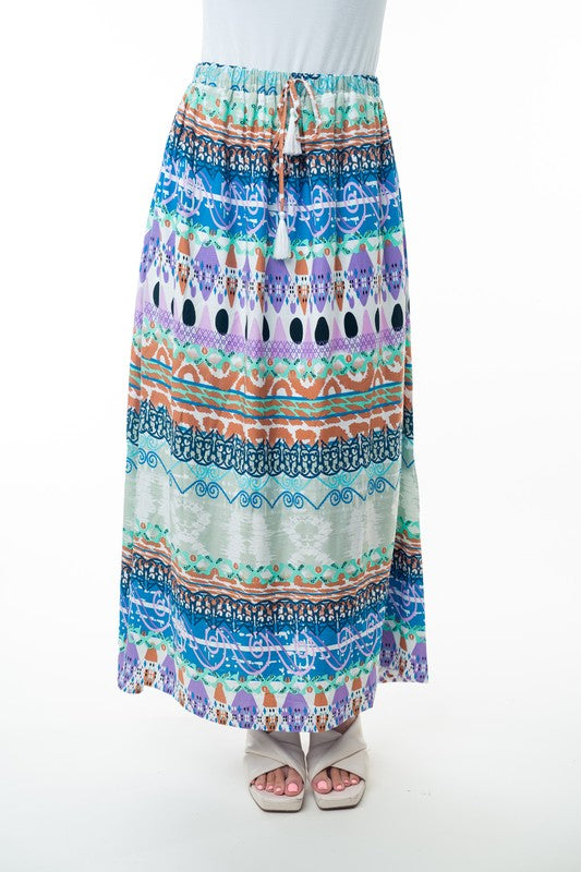 Printed Elastic Waist Band Long Skirt with Tassels in Sage Combo